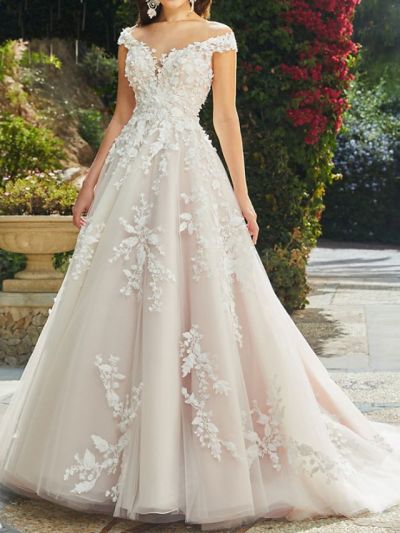 A-line V-neck Sleeveless Chapel Train Lace Wedding Gown With Lace