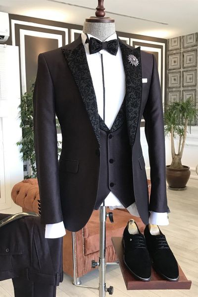 Black Jacquard Bespoke Business Suit with Peaked Lapel