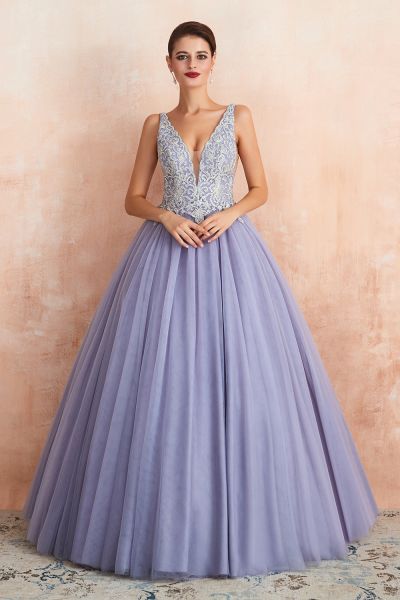 A-line Plunging Neckline Sleeveless Sweep / Brush Train Tulle Formal Wear With Rhinestone