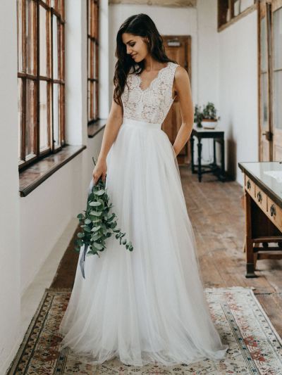 A-line V-neck Sleeveless Floor-length Lace Wedding Gown With Lace