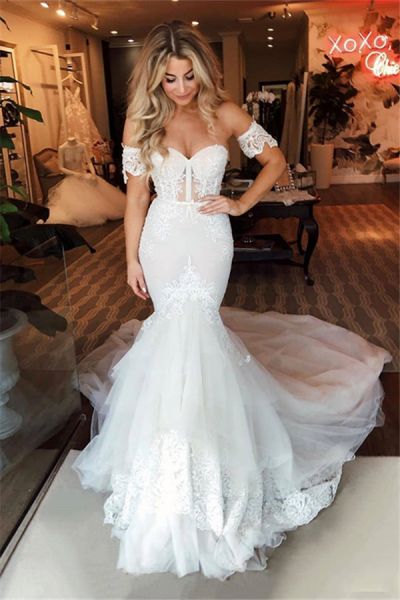 Mermaid Off-the-shoulder Sleeveless Sweep / Brush Train Tulle Wedding Gown With Appliques