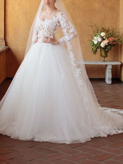 Ball Gown V-neck Chapel Train Tulle Wedding Gown With Lace