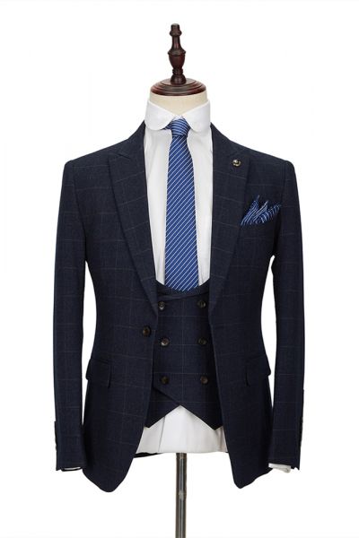 Dark Navy Plaid Single Breasted Men's Suit with Double Breasted Waistcoat