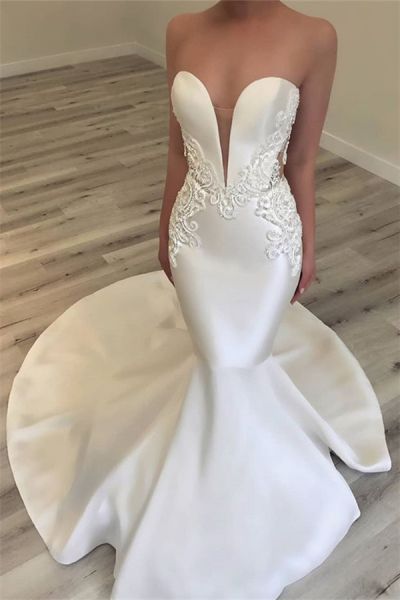 Mermaid Sweetheart Neck Sleeveless Sweep / Brush Train Satin Bridal Gown With Lace