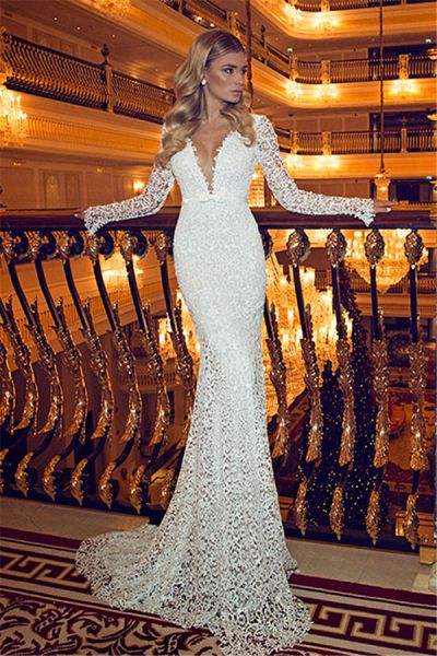 Mermaid V-neck Sweep / Brush Train Bridal Gown With Lace