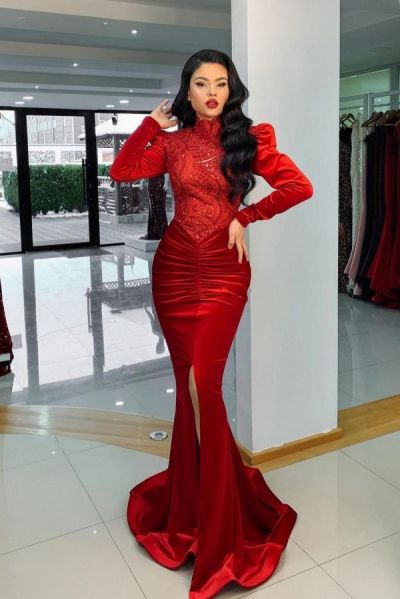 Mermaid High Neck Long Sleeves Floor-length Velvet Prom Dress With Beading