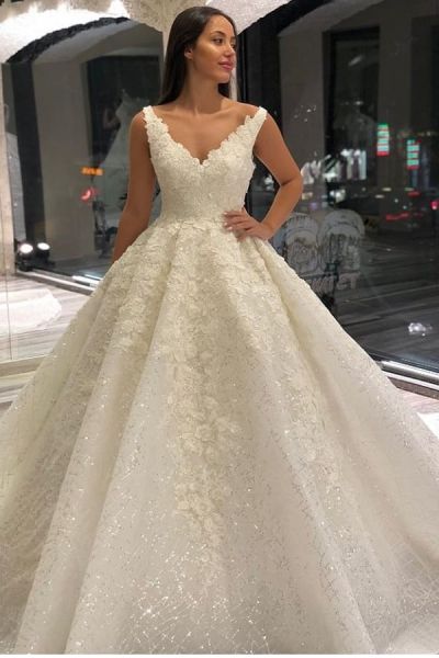 A-line V-neck Sleeveless Court Train Wedding Gown With Lace