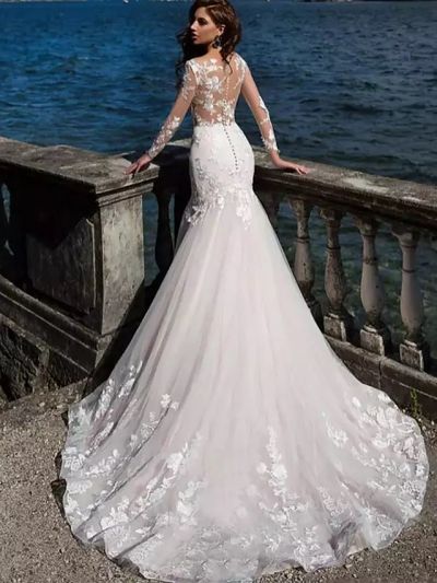 Mermaid Bateau Neck Long Sleeves Court Train Lace Wedding Gown With Beading