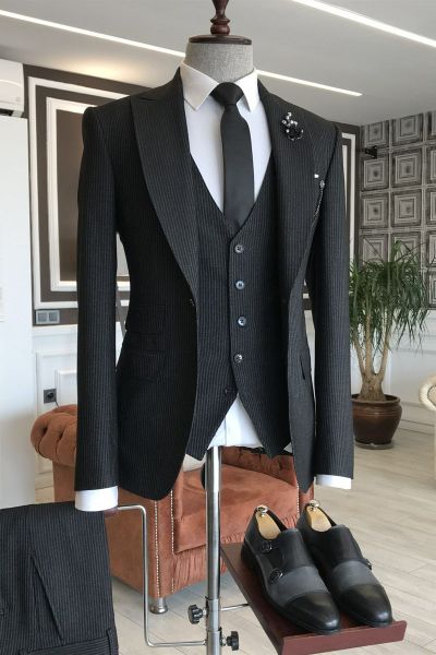 Black Velvet Business Suit with Peaked Lapel
