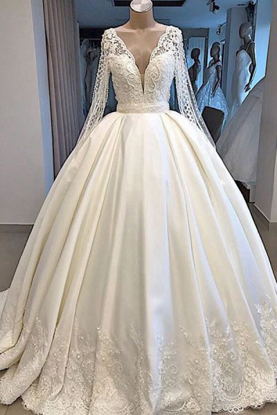 Ball Gown Plunging Neckline Long Sleeves Floor-length Tulle Wedding Dress With Appliques