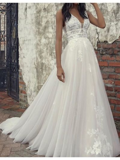 A-line Plunging Neckline Sleeveless Court Train Lace Bridal Attire With Lace