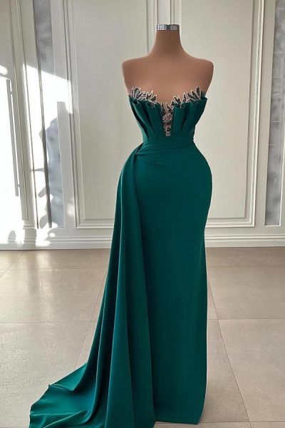 Mermaid Strapless Sleeveless Floor-length Stretch Satin Evening Dress With Beading
