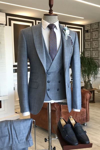 Gray Plaid Double Breasted Business Suit