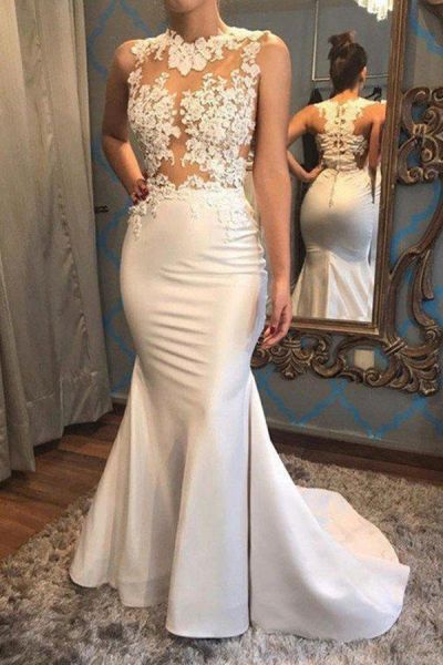 Mermaid V-neck Scoop Neck Sleeveless Tulle Bridal Dress With Appliques