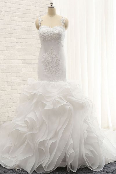 Mermaid Straps Floor-length Tulle Bridal Gown With Appliques