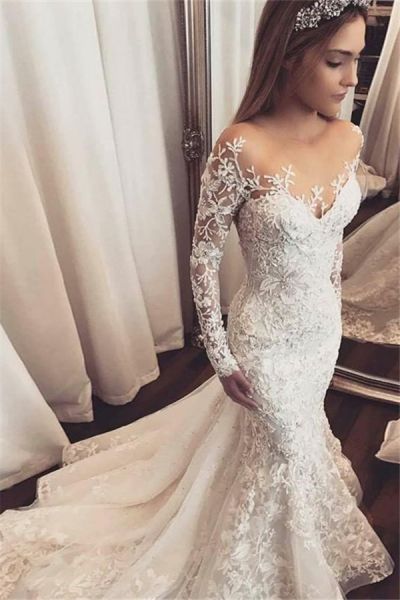 Mermaid Scoop Neck Sweep / Brush Train Bridal Gown With Lace