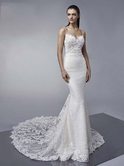 Spaghetti Straps Shiny Sequins Mermaid Wedding Dress with Backless Appliques