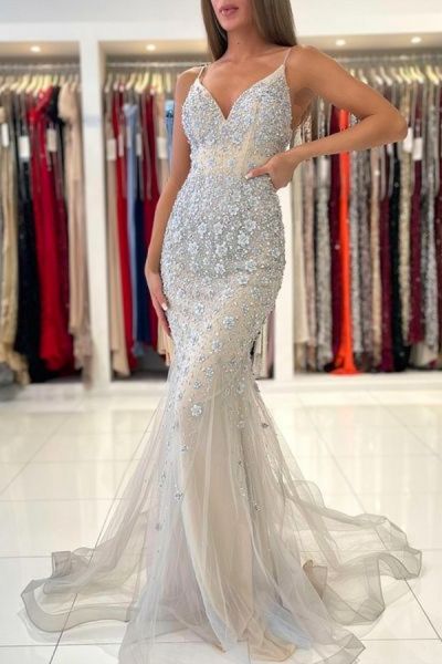 Mermaid Spaghetti Straps Sleeveless Floor-length Lace Evening Dress With Appliques