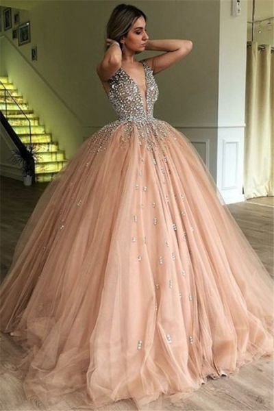 Ball Gown Straps V-neck Sleeveless Sweep / Brush Train Tulle Formal Wear With Rhinestone