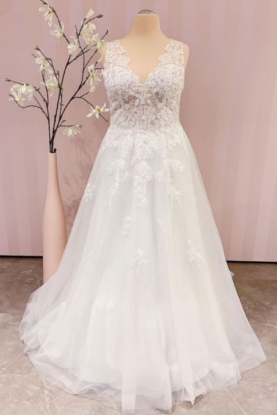 A-line V-neck Sleeveless Court Train Tulle Wedding Dress With Lace