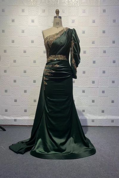 Mermaid One Shoulder Long Sleeves Floor-length Stretch Satin Formal Dress With Ruffles