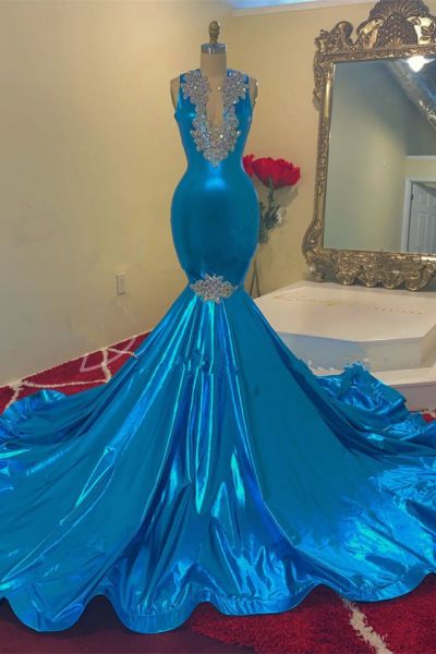 Mermaid V-neck Sleeveless Floor-length Stretch Satin Formal Dress With Rhinestone