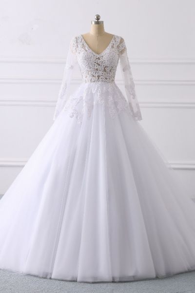 A-line V-neck Long Sleeves Floor-length Tulle Bridal Attire With Appliques