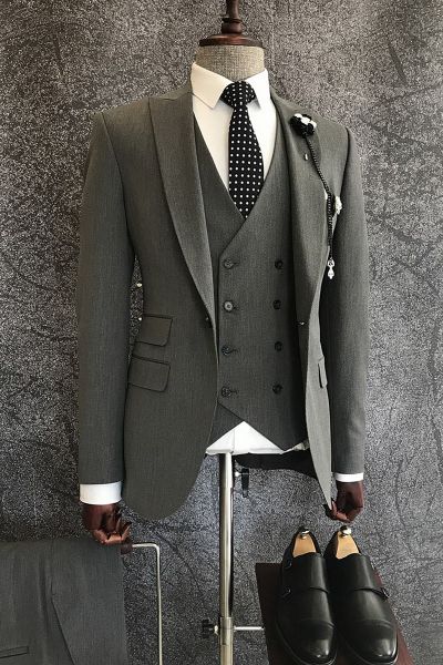 Dark Gray 3-Pieces Business Men Suit with Peaked Lapel