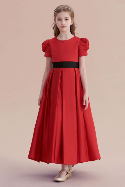 A-line Jewel Neck Short Sleeves Ankle-length Satin Flower Girl Dress With Ribbons