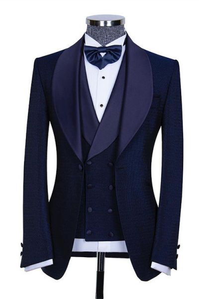 Dark Navy Three Pieces Shawl Lapel Men's Suit for Wedding