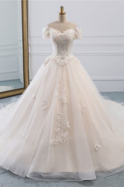 A-line Bateau Neck Short Sleeves Cathedral Train Tulle Wedding Gown With Appliques