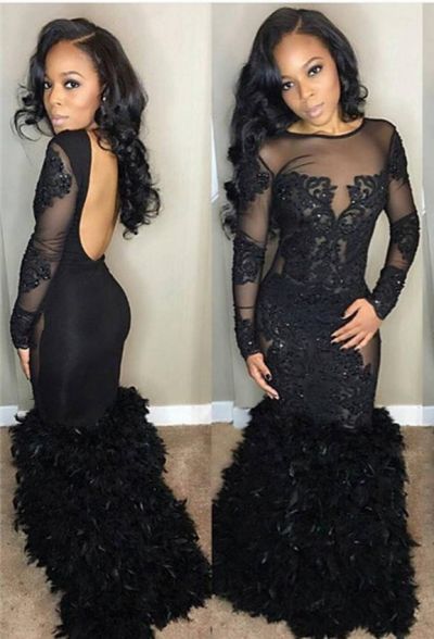Black Mermaid Prom Dress with Long Sleeves and Lace