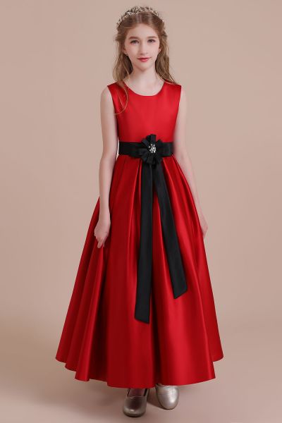 A-line Jewel Neck Sleeveless Ankle-length Satin Flower Girl Dress With Flower(s)