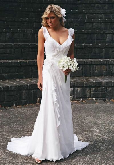 A-line V-neck Sleeveless 100D Chiffon Bridal Gown With Court Train