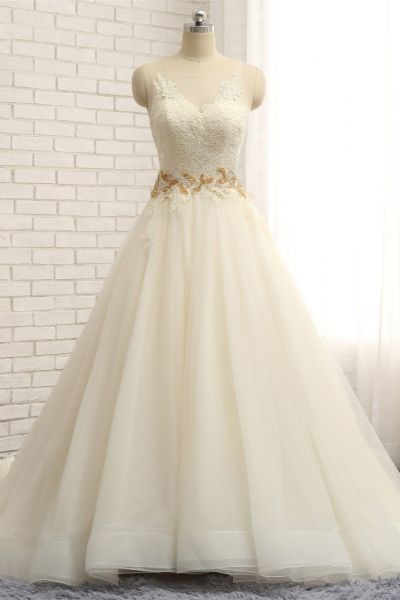A-line Straps Court Train Tulle Wedding Gown With Lace