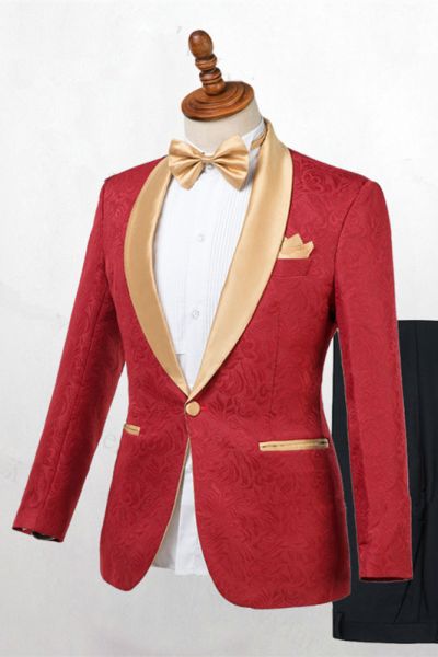 Red Jacquard One Button Wedding Suit