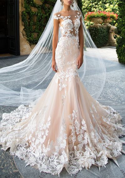 Mermaid Sweep / Brush Train Wedding Gown With Appliques