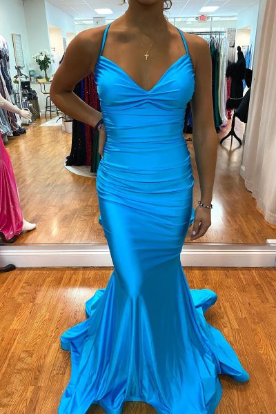 Mermaid Spaghetti Straps Sweetheart Neck Sleeveless Floor-length Stretch Satin Prom Dress With Ruffles