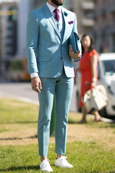 Blue Notched Lapel Two-Piece Business Suit