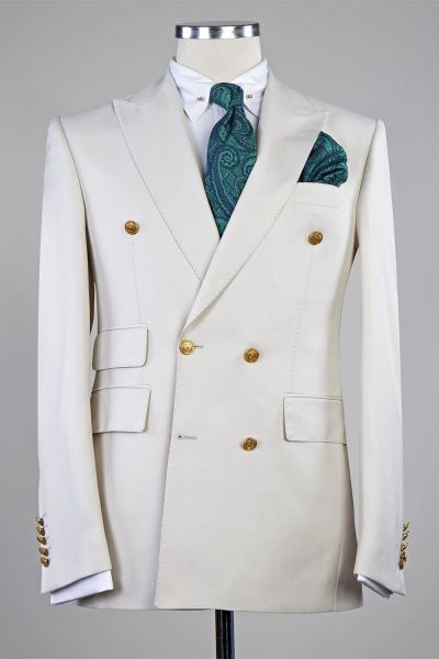 White Double Breasted Men Suit with Peaked Lapel