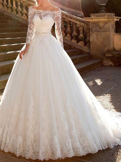 Ball Gown Long Sleeves Court Train Tulle Wedding Gown With Ribbons