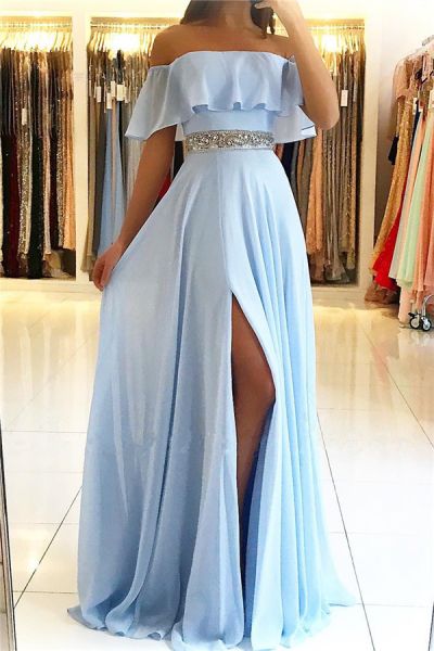 A-line Off-the-shoulder Sleeveless Sweep / Brush Train 100D Chiffon Evening Dress With Crystal