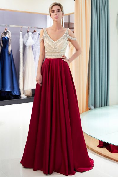 A-line V-neck Sleeveless Court Train Stretch Satin Formal Dress With Crystal