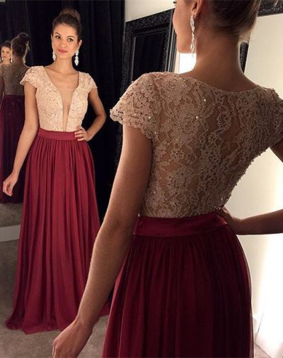 A-line Plunging Neckline Floor-length Formal Wear With Lace