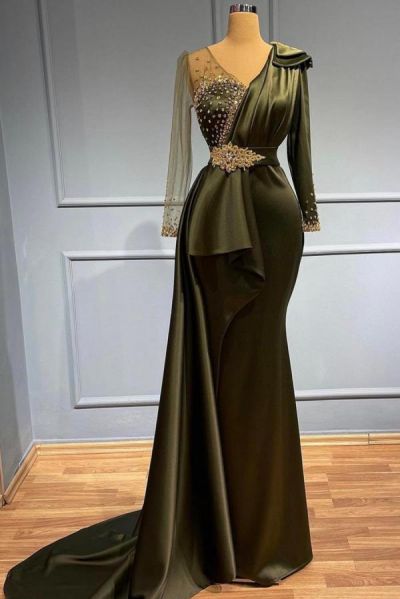 Mermaid V-neck Long Sleeves Floor-length Stretch Satin Evening Dress With Ruffles
