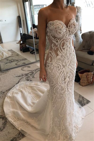 Mermaid Sweetheart Neck Sleeveless Sweep / Brush Train Bridal Dress With Lace