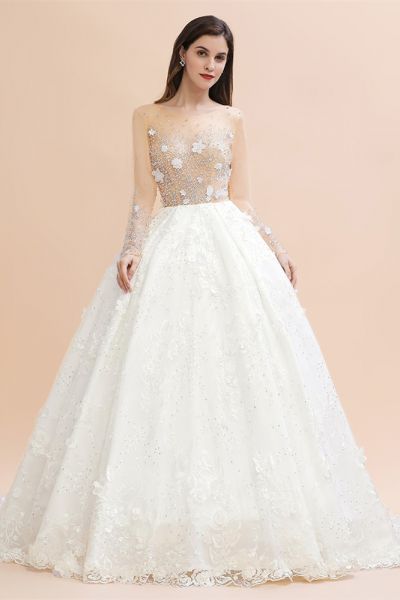 A-line Jewel Neck Long Sleeves Chapel Train Lace Bridal Gown With Lace