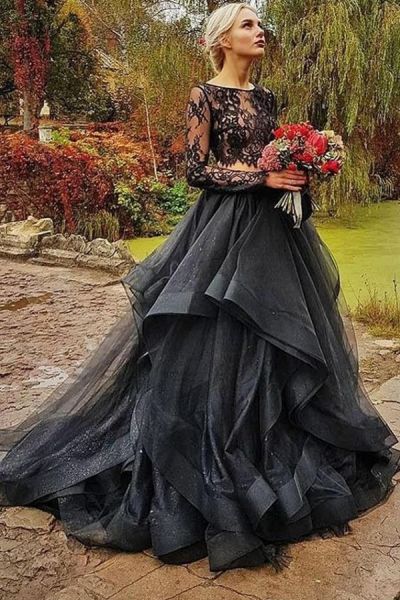 A-line Jewel Neck Long Sleeves Sweep / Brush Train Tulle Bridal Gown With Lace