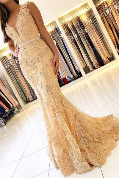 Mermaid V-neck Sleeveless Floor-length Lace Evening Dress With Lace