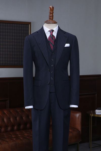 Navy Blue Striped Slim Fit Bespoke Business Suit